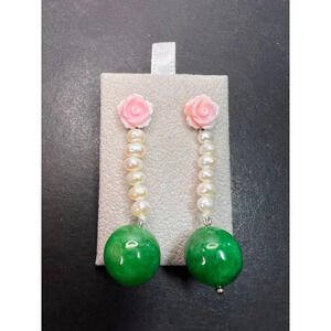 Green Jade flowers and pearl sterling silver earrings